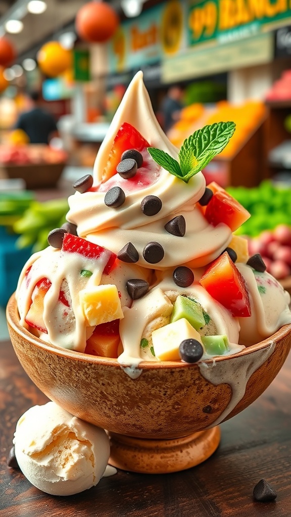 Homemade 99 Ranch Market Style Ice Cream A bowl of colorful ice cream with toppings inspired by 99 Ranch Market, served with a scoop on the side.
